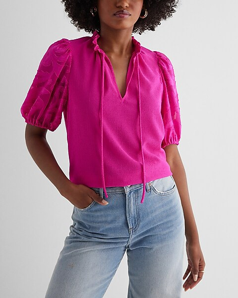 V-Neck Sheer Puff Sleeve Drawstring Top | Express