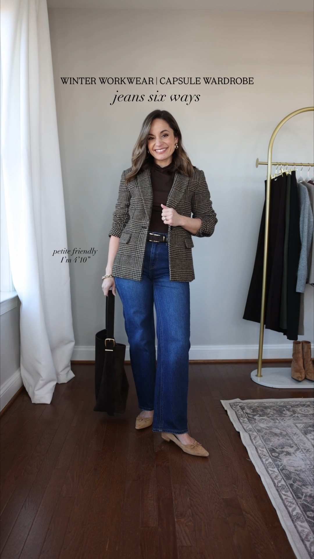 A petite-friendly winter workwear capsule wardrobe: outfits for work with jeans! 

Jeans (Quince): 24 x 28” in stormy blue - jeans start at a 26” inseam, in wearing 28”. True to size stretch denim that holds shape with wear. Slight shrinkage in the dryer, mine have shrunk 1” in length over time. 

7 tops 
Tan V-neck cardigan (Quince): xs in oatmeal 
Green sweater (J.Crew Factory): xxs
Black cardigan (Gap): xxs (recommend a size up) 
Mauve cardigan (Madewell): xxs 
Gray cardigan (Quince): xs 
Taupe cardigan (Quince): xxs in nomad taupe 
White button down (J.Crew Factory): petite xxs 

3 base layers 
Brown top (Amazon): xs 
Black turtleneck (J.Crew Factory): xxs 
White top (Quince): xs 

3 blazers 
Plaid blazer (BR Factory): petite 00 (mostly sold out in petite) 
Tan blazer (J.Crew): petite 00 
Brown blazer (Banana Republic): petite xxs (recommend a size up) 

My measurements for reference: I’m 4’10” and 105lbs. My bust, waist, and hip measurement is 32”, 24”, and 36”.

#LTKPetite #LTKWorkwear