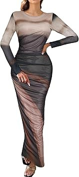 Women's Long Sleeve Maxi Dresses Mesh Printed Tie Dye Ruched Bodycon Long Dress Party Cocktail El... | Amazon (US)