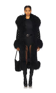 Susanna Chow Dorothy Diamante Suede Maxi Coat With Fur Trim in Black & Crystal Embellishments fro... | Revolve Clothing (Global)