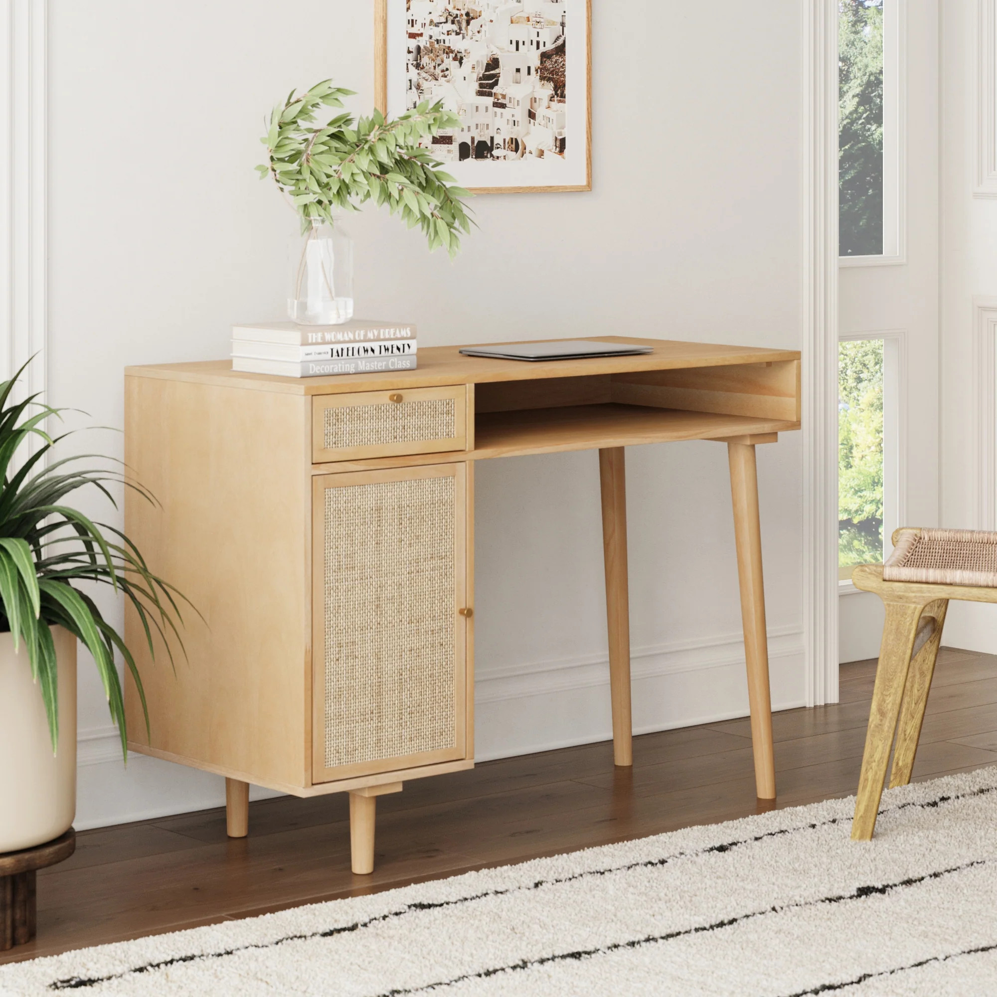 Boho Rattan & Wood Vanity Desk with Storage | Nathan James