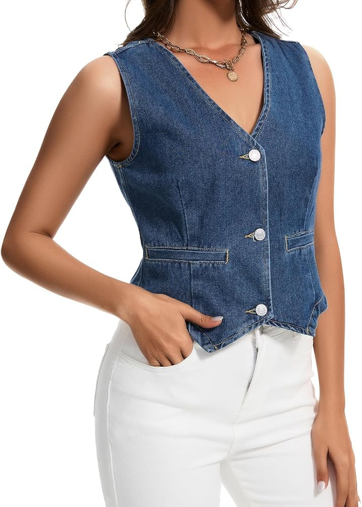 Womens Denim Vest Sleeveless V Neck Button Down Jean Jacket Y2K Summer Crop Tops | Amazon (US)