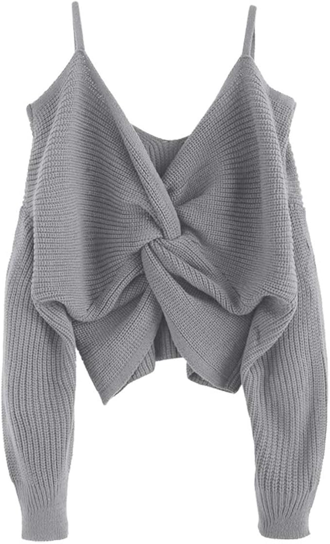 ZAFUL Women's V-Neck Criss Cross Twisted Back Pullover Knitted Crop Sweater Jumper Tops | Amazon (US)