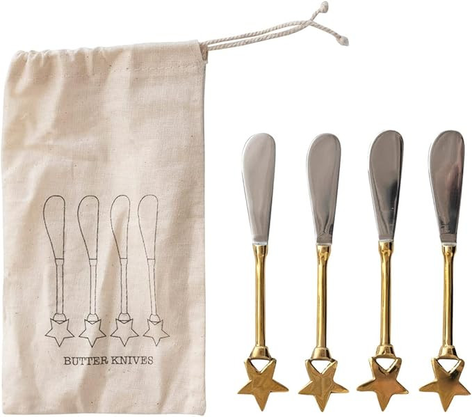 Creative Co-Op Stainless Steel and Brass Canapé Knives with Gold Finish Star Handles, Set of 4 i... | Amazon (US)
