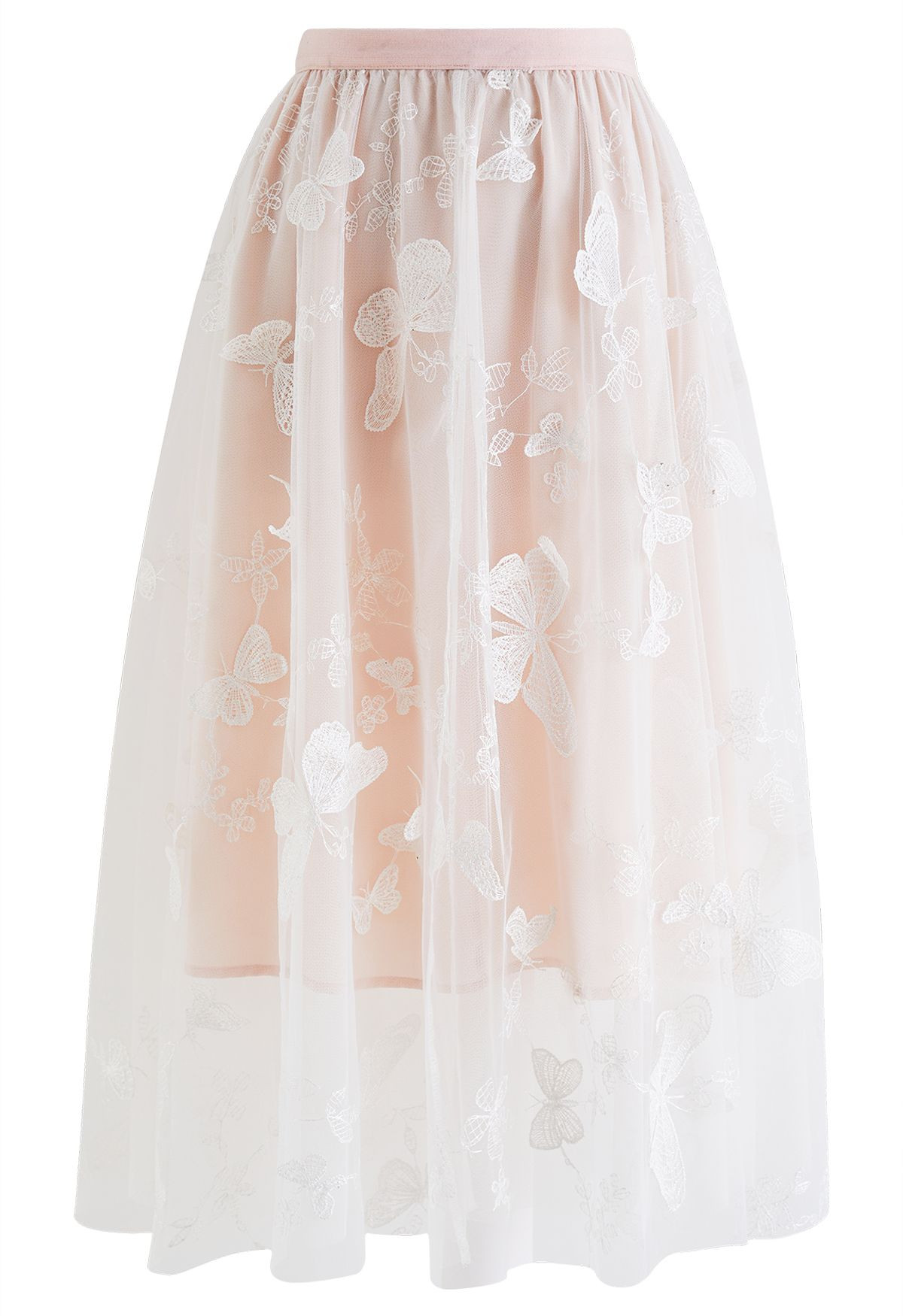 3D Butterfly Double-Layered Mesh Midi Skirt in Pink | Chicwish