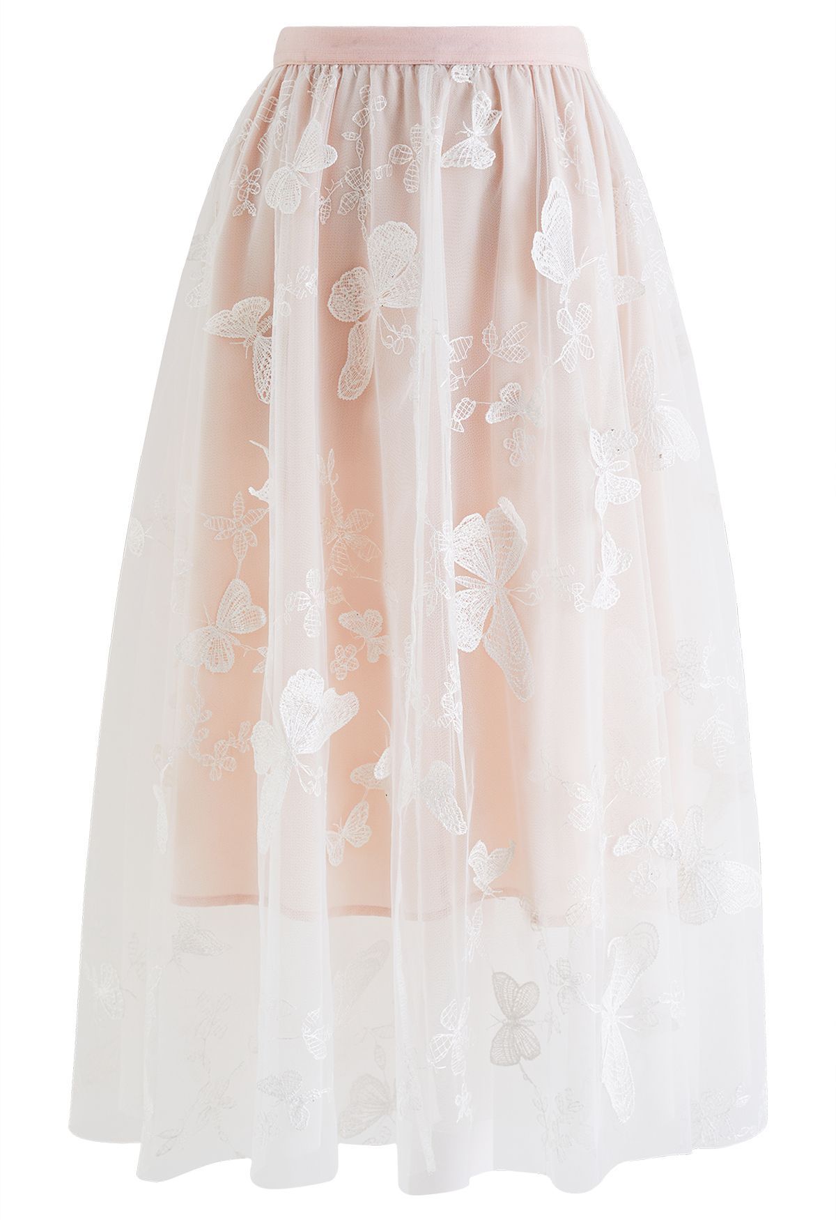 3D Butterfly Double-Layered Mesh Midi Skirt in Pink | Chicwish