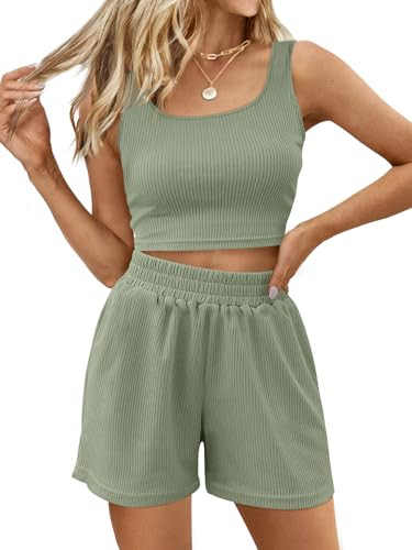 Trendy Queen Womens Pajama Sets 2 Piece Set Two Piece Summer Outfits 2025 Lounge Matching Vacation Outfit Crop Top High Waisted Short Green Green L | Amazon (US)