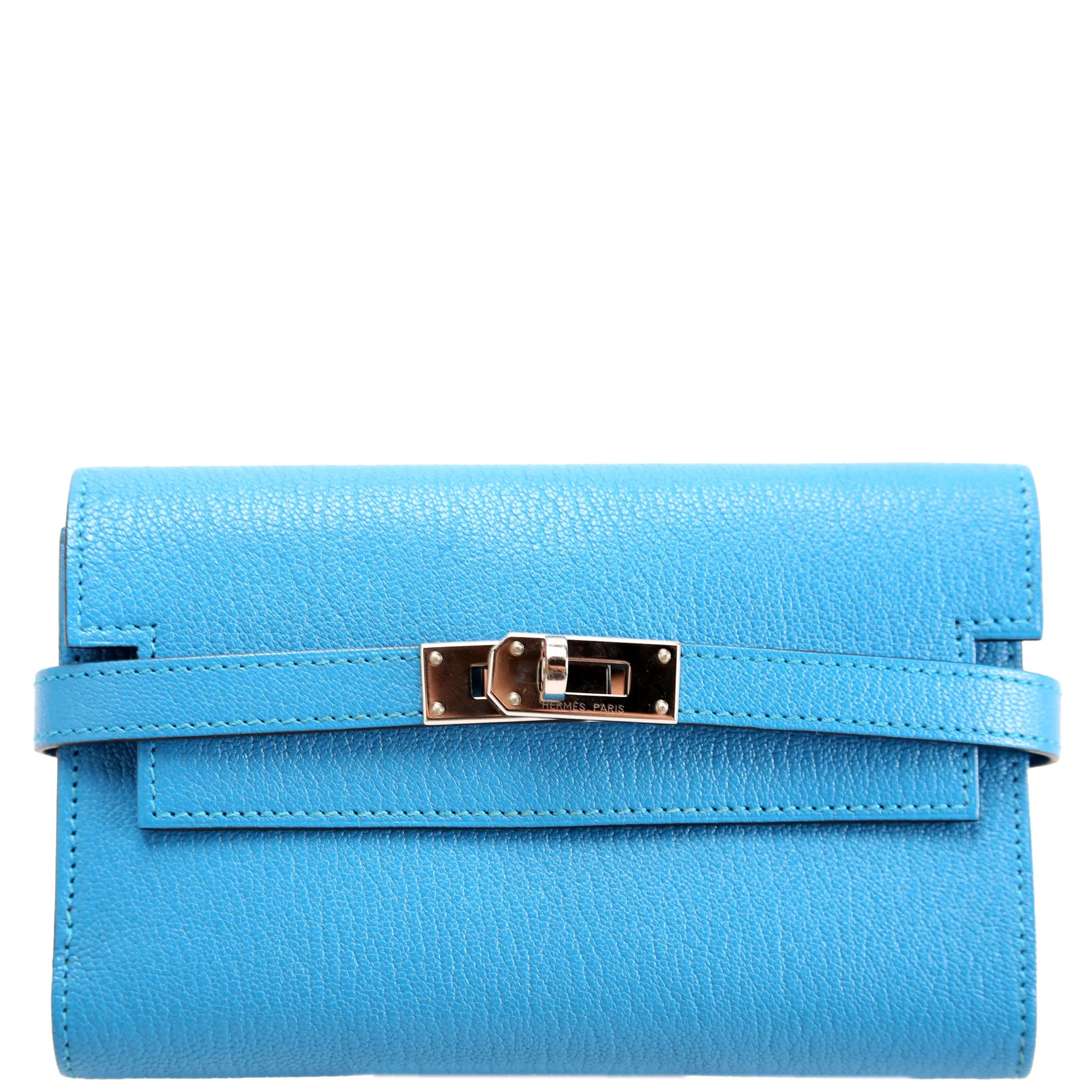 Kelly Medium Wallet Chevre Leather Blue | Keeks Designer Handbags
