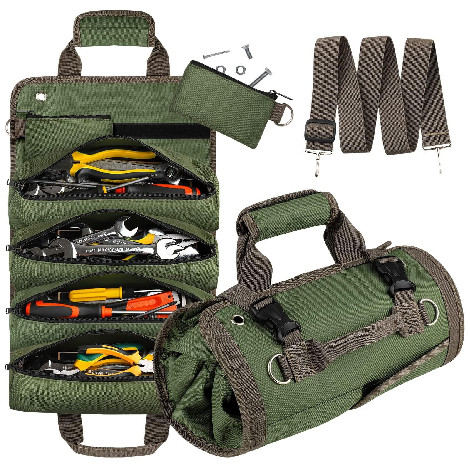 Tool Bag Roll Up, UUP Heavy Duty Tool Organizer for Men Women, Portable Tool Storage with 2 Detachable Zipper Pouch, Compact Small Toolbag for Handyman RV Owners, Father Day Dad Birthday Gifts, Green | Amazon (US)