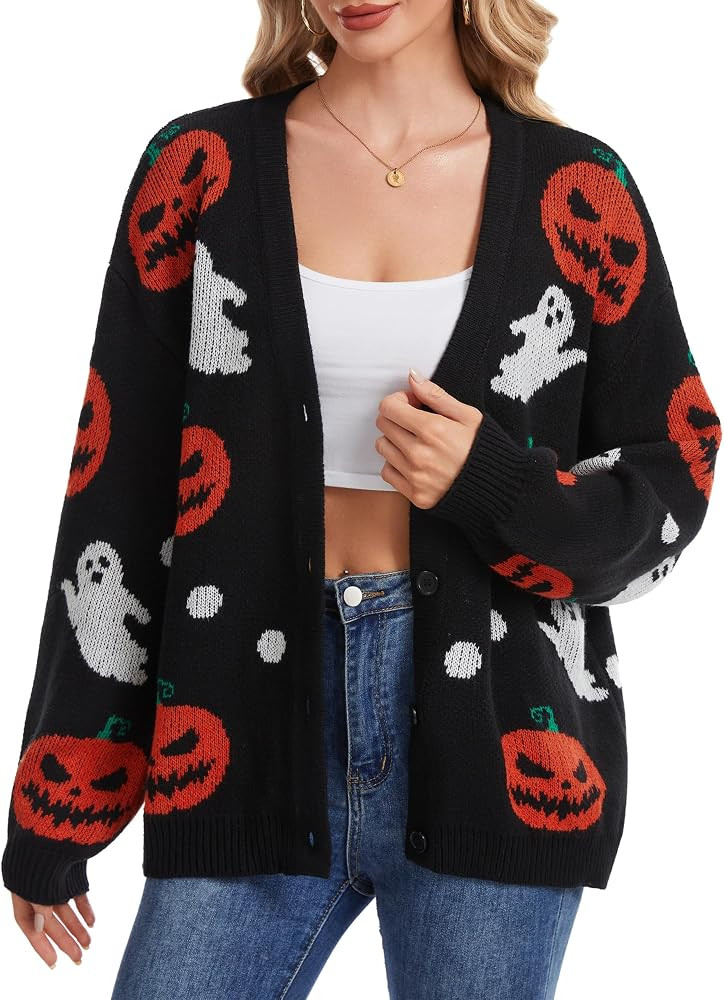 Women's Halloween Pumpkin Ghost Open Front Cardigan Button Kint Sweater | Amazon (US)