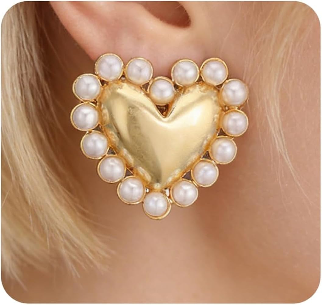 Gold Heart Pearl Stud Earrings for Women,Cute Puffy Heart Statement Earrings Valentine's Day Jewe... | Amazon (US)