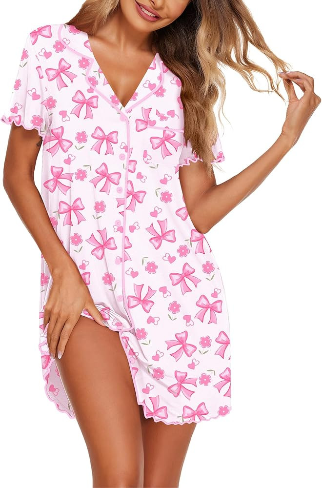 Ekouaer Nightgowns for Women Button Down Sleep Shirt Short Sleeve NightShirts Boyfriend Sleepdres... | Amazon (US)