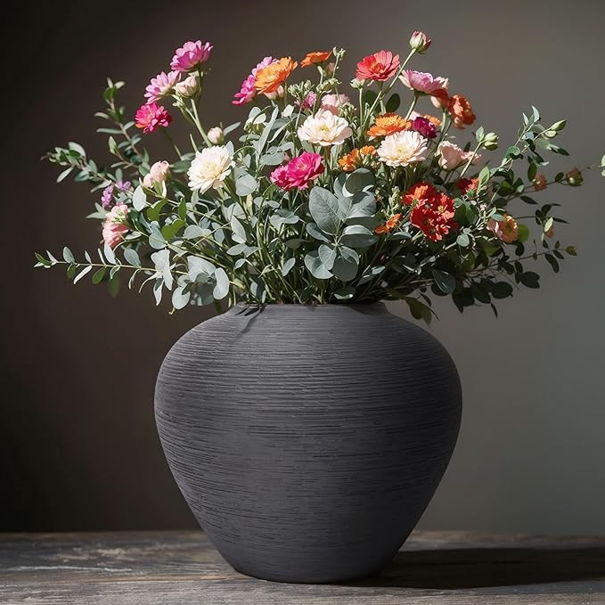 Rustic Black Ceramic Vase with Textured Finish, Large Round Terracotta Vases for Farmhouse Home D... | Amazon (US)