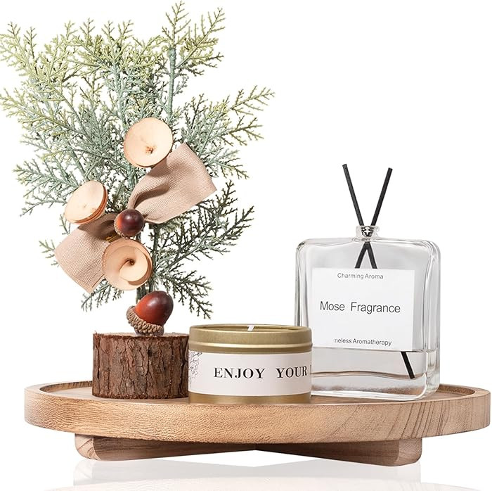 Round Decorative Tray Wood Bathroom Counter Organizer Farmhouse Kitchen Decor Wooden Riser for So... | Amazon (US)