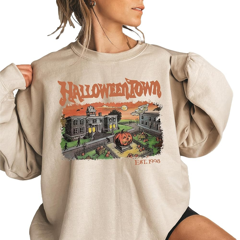 Vintage Halloweentown Crewneck Sweatshirt, Halloween Town Est. 1998 Retro Sweater Sand Color | Amazon (US)