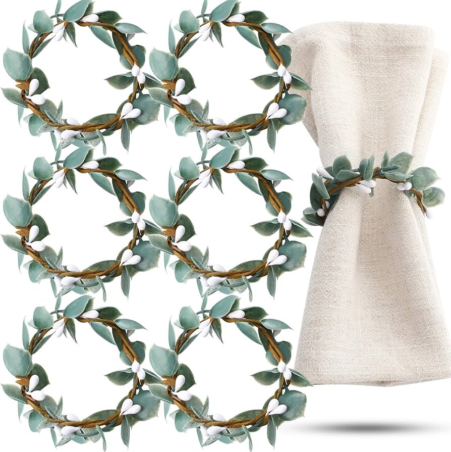 Domensi Napkin Rings Set of 6 Eucalyptus Leaf Napkin Rings Rustic Farmhouse Greenery Spring Wreat... | Amazon (US)