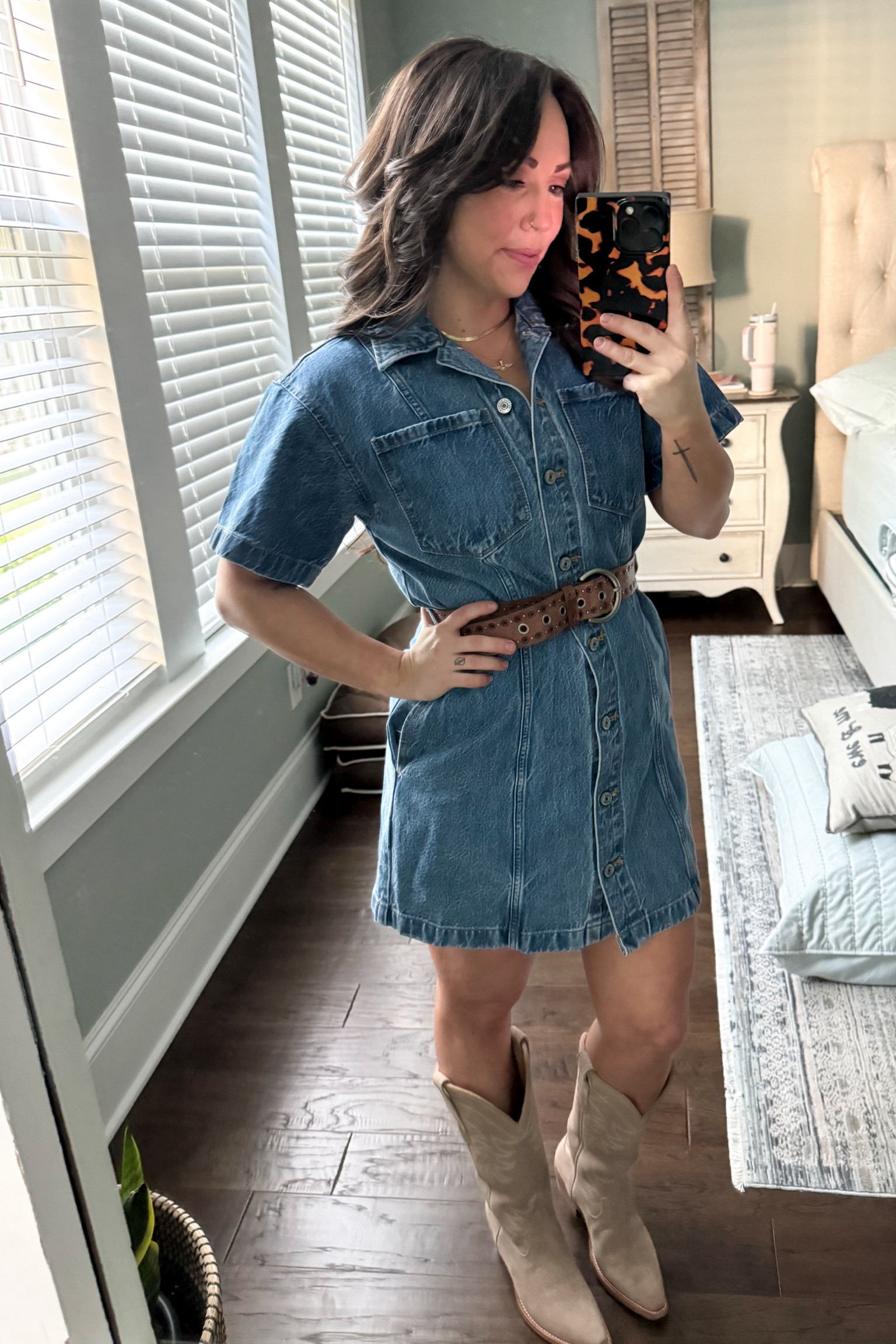 Dress: small petite
Boots: 5.5
Belt: XS/S