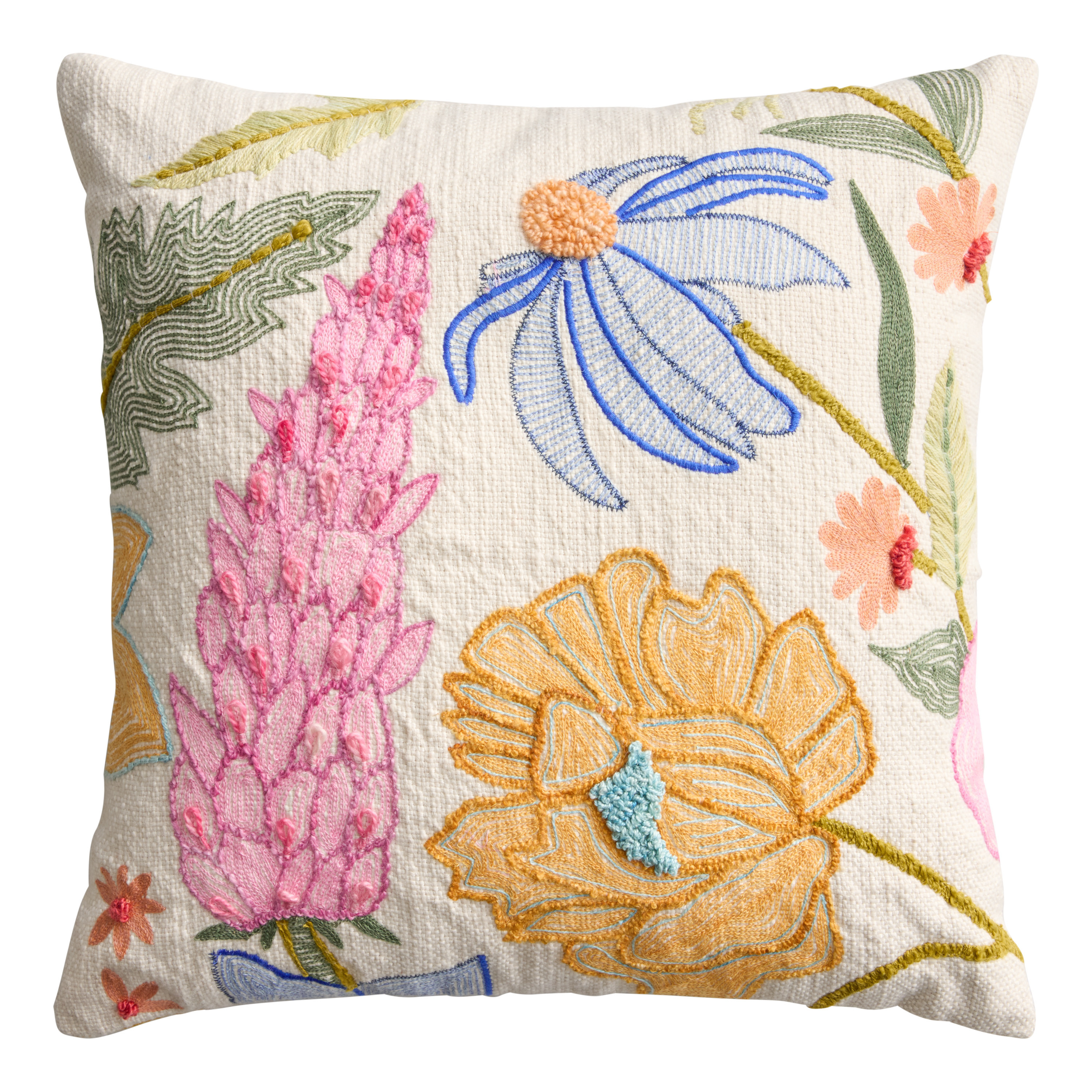 Multicolor Flower Embroidered Indoor Outdoor Throw Pillow | World Market