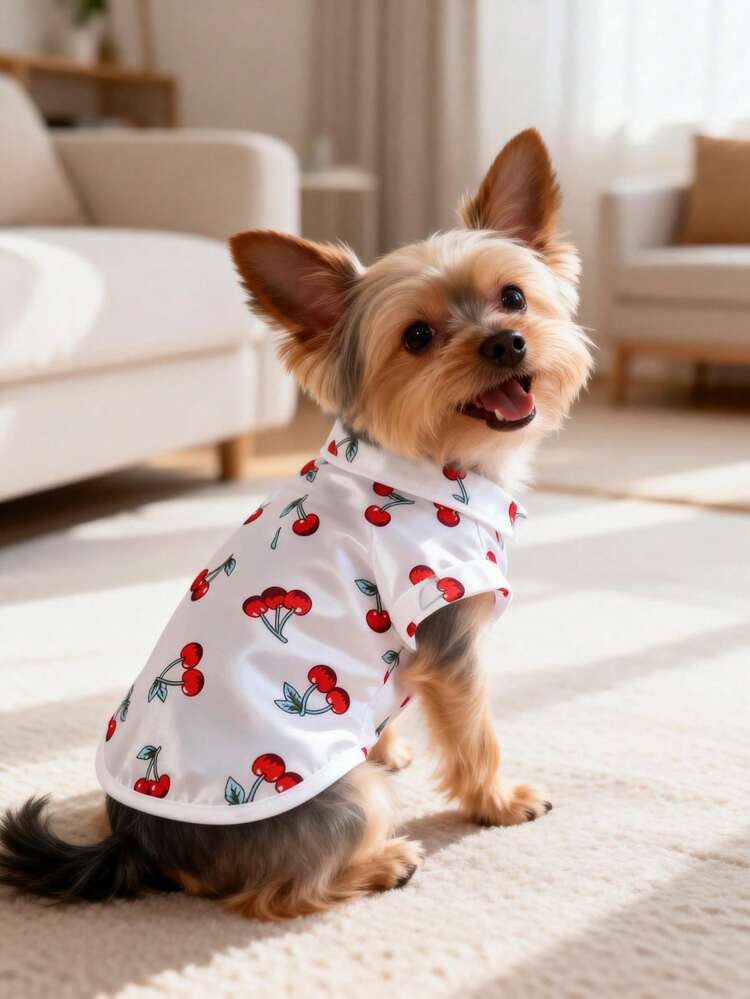 1pc Cute & Fashionable Pet Dog Apparel, Glossy Pearl Finish/Soft & Comfortable, Faux Bicolor Cherry Blossom Print, Contrast Trim, Short Sleeve Shirt Design, Suitable For Small Dogs, Spring/Summer/Autumn, For Daily Wear, Sleepwear, Outdoor Use | SHEIN