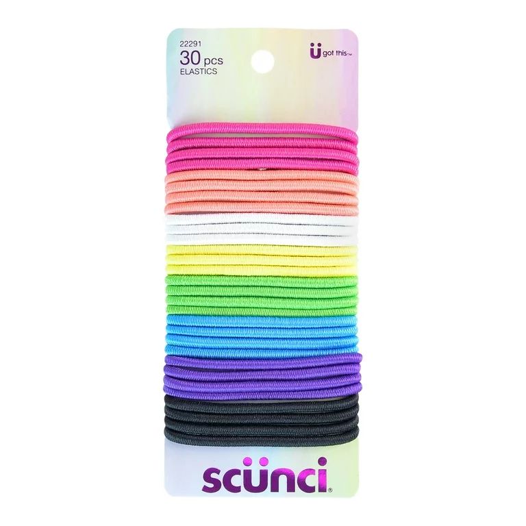 Scunci for Girls No Damage Elastic Ponytail Holder Hair Ties, Assorted Rainbow Colors, 30 Ct | Walmart (US)