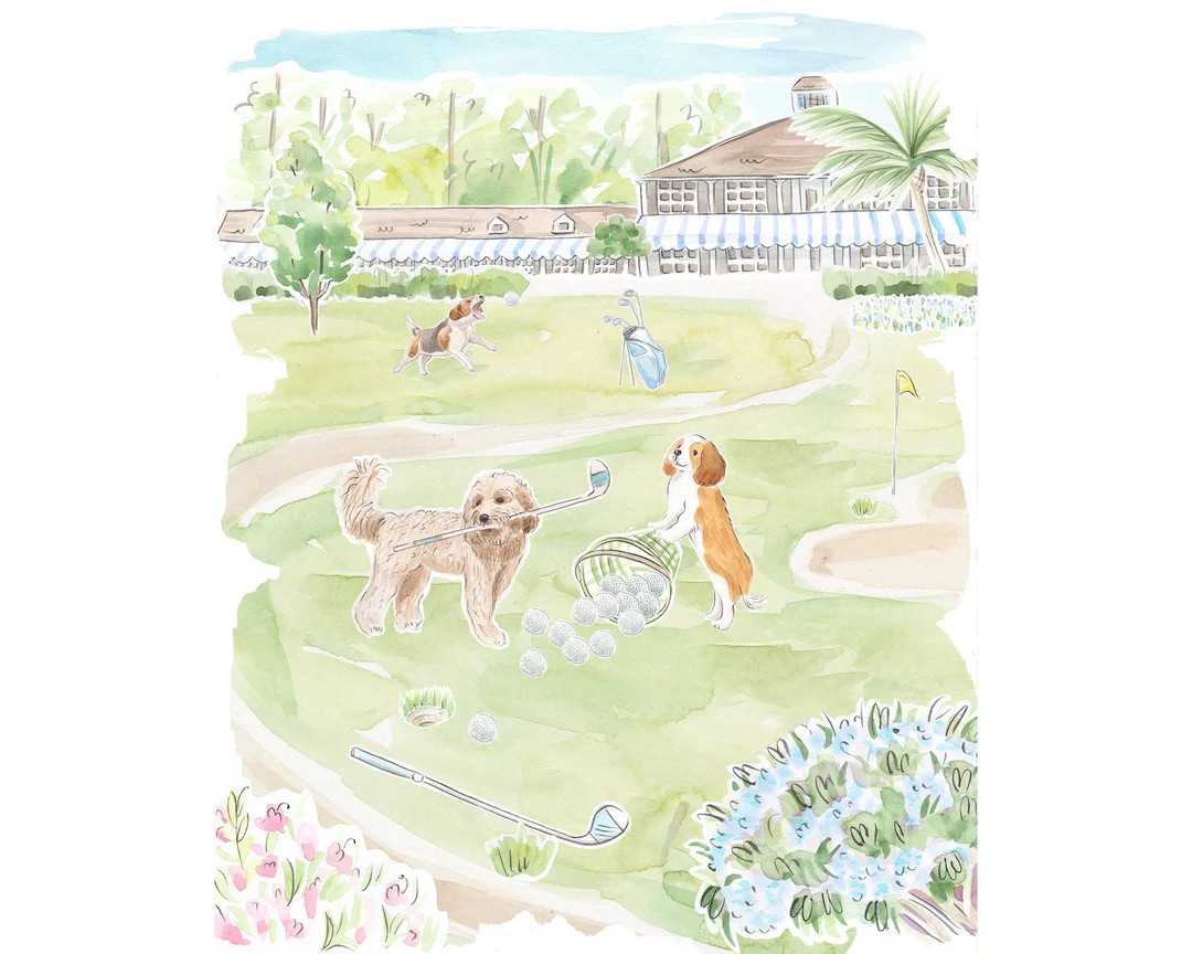 Nursery Art Print Dogs Playing Golf // Jungle Print // Tropical Print // Kids Room // Nursery Art... | Etsy (US)