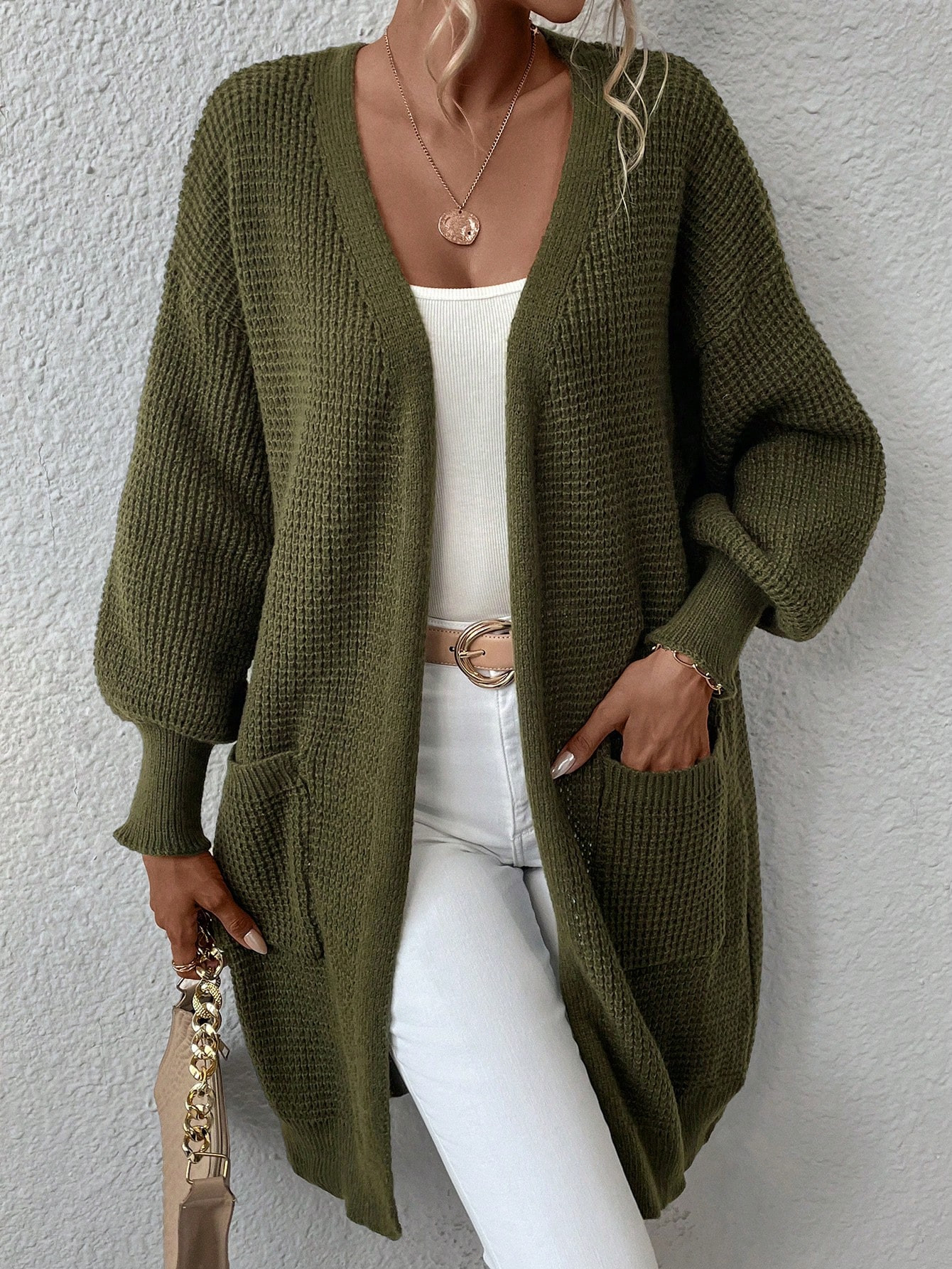 SHEIN Frenchy Dual Pocket Drop Shoulder Open Front Cardigan | SHEIN