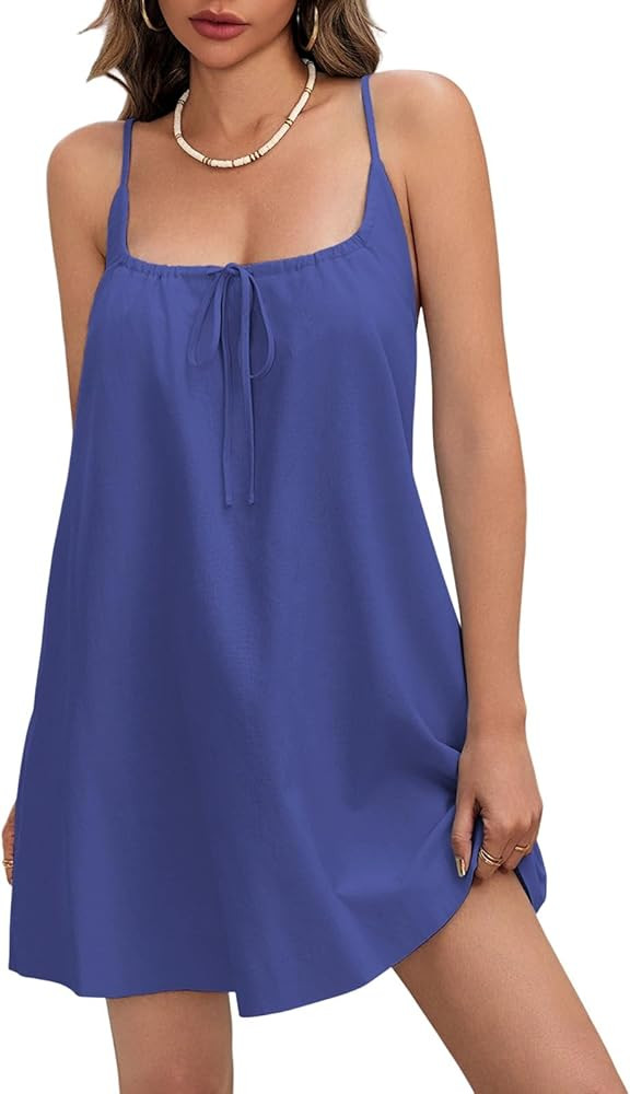 Womens Beach Cover Ups Swimwear Summer Casual Mini Dress Spaghetti Strap Backless Linen Sundresse... | Amazon (US)