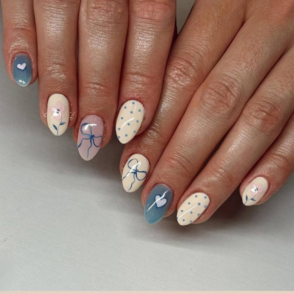 Polka Dot Press on Nails Short Fake Nails Almond False Nails with Designs Bow Heart Acrylic Gloss... | Amazon (US)