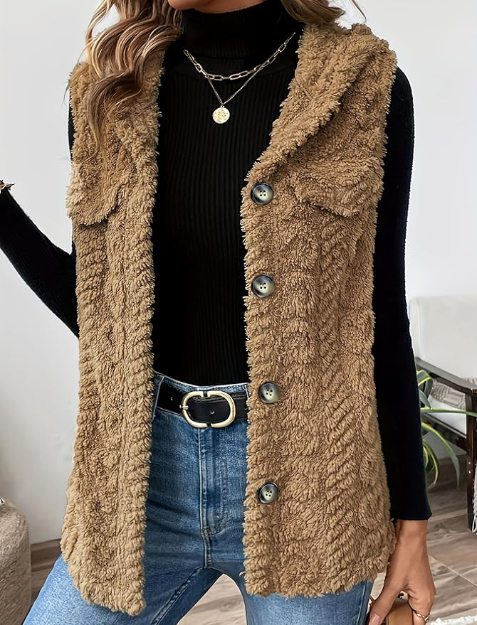ZAFUL Long Vest for Women Sleeveless Button Down Plush Hooded Vest Winter Outerwear Vest Coat | Amazon (US)