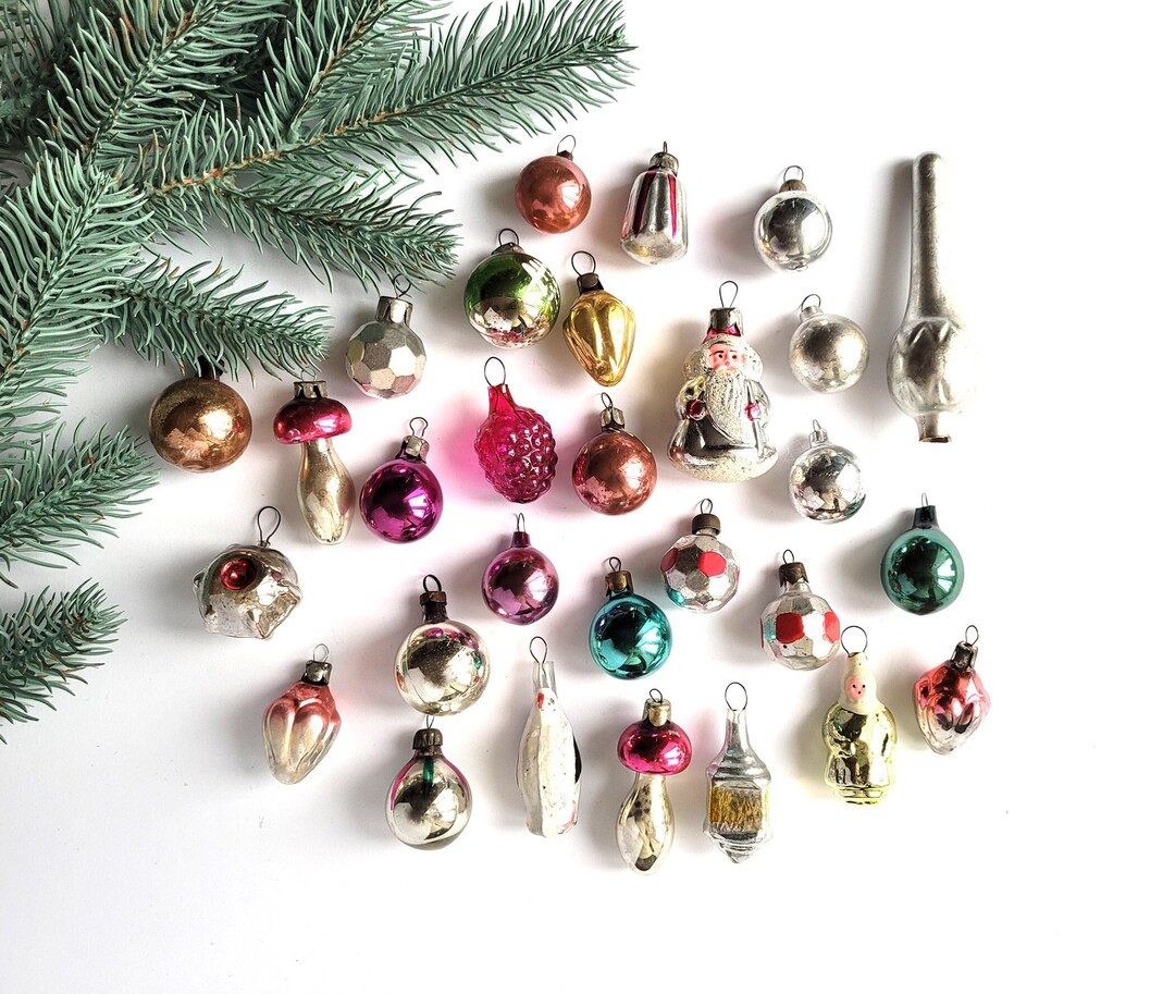 Set of 29, Mini Christmas tree decorations, Soviet Glass Christmas ornaments, Mini ornaments, Mal... | Etsy (US)