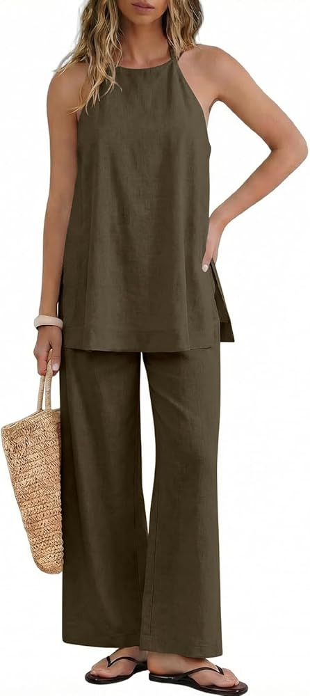UNCOOYEE Womens 2 Piece Linen Outfits Halter Neck Sleeveless Side Split Top Wide Leg Pants Set Ca... | Amazon (US)