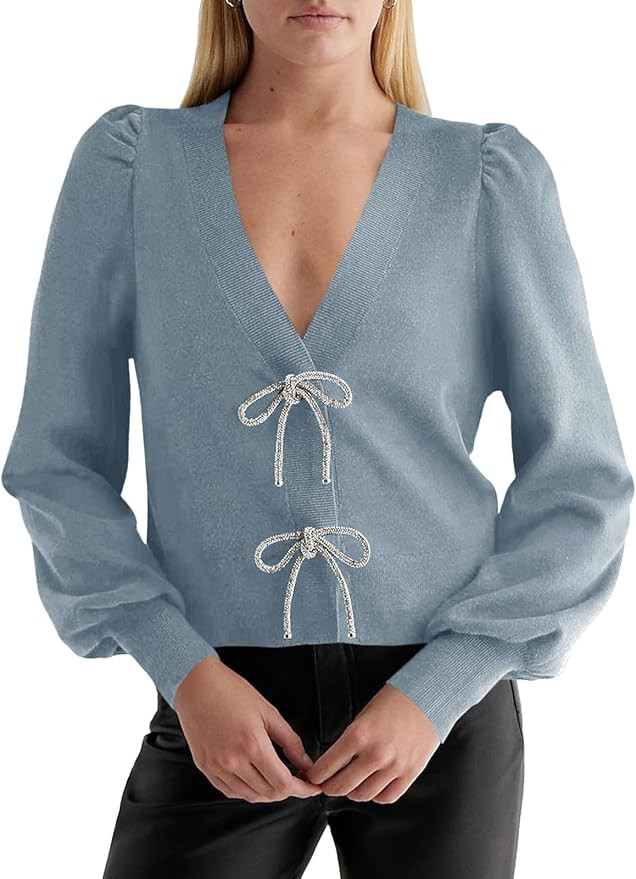 Saodimallsu Womens Bow Button Front Cardigan Sweaters V Neck Cropped Knit Sweater | Amazon (US)