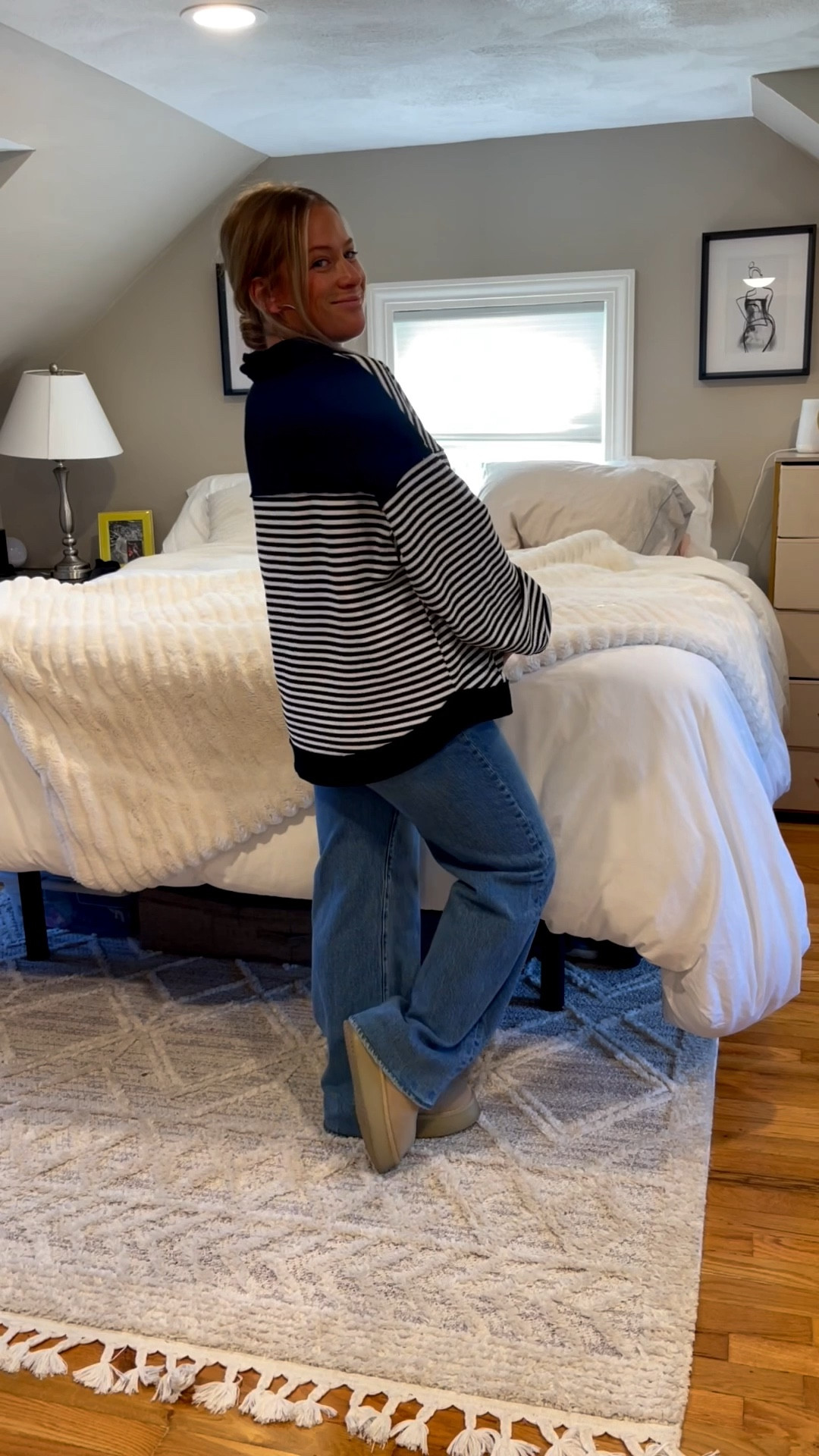 Maternity striped polo: can be worn postpartum! 
Ugg lookalike platform slippers 
Western midcalf ankle boot 
Vegan leather maternity leggings 
Black maternity dress 
Wide leg denim-super soft! 

#LTKGiftGuide #LTKShoeCrush #LTKBump