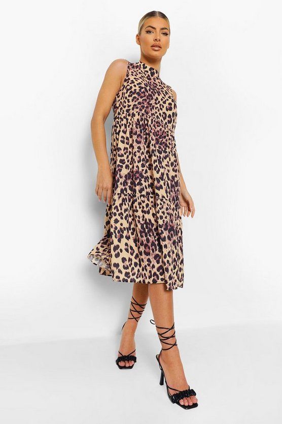 Leopard Print Tiered Midi Smock Dress | Boohoo.com (US & CA)