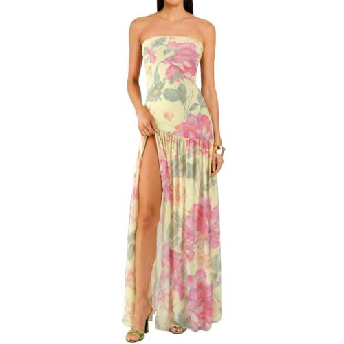 Women Tube Top Dress Floral Mesh Patchwork Maxi Dress Strapless Sexy High Slit Long Dresses Beach Vacation (Pink Floral,L) | Amazon (US)