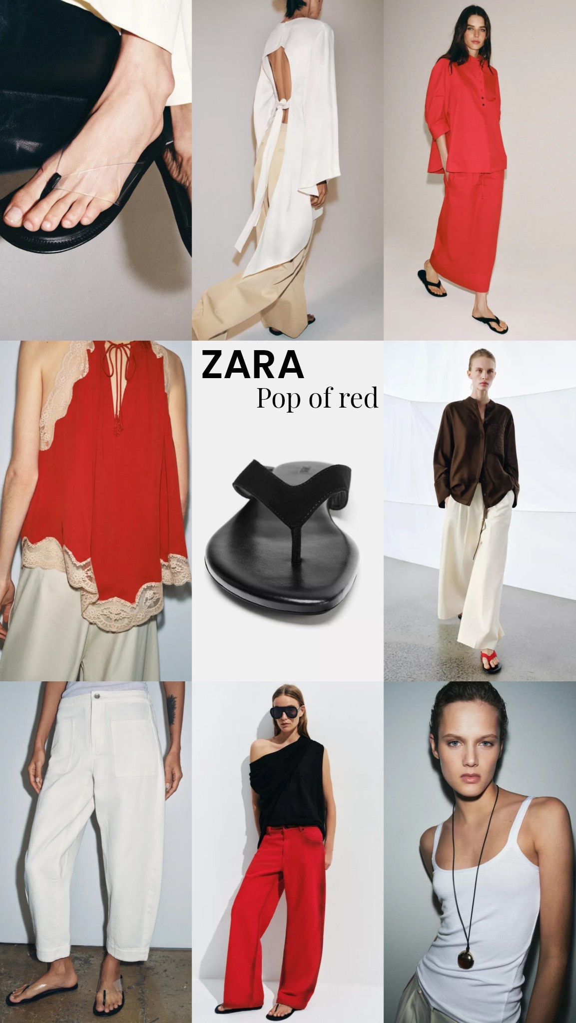 Zara new in - pop of red for summer 

Black sandals
Red skirt
Lace trim top
Cream trousers 
Barrel legs
Tank top 
Tomato red 
Summer outfits

#zara 


#LTKspring #LTKsummer #LTKuk