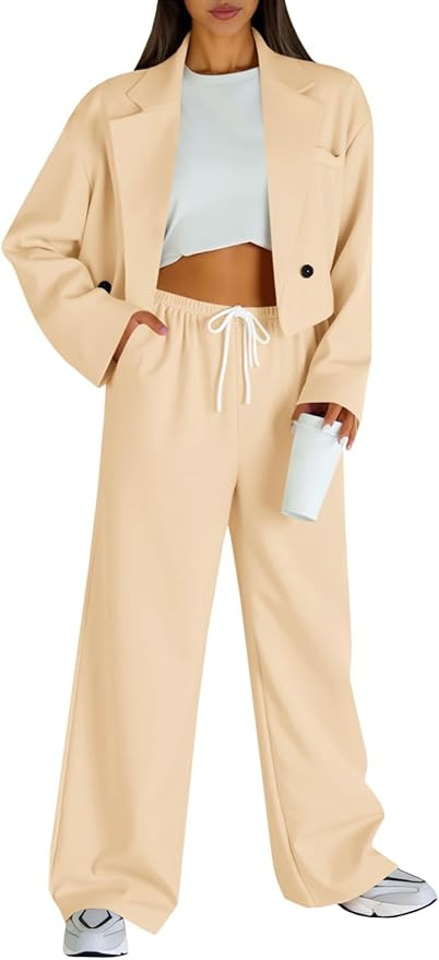 Fisoew Women's 2 Piece Outfits Casual Crop Blazer Jackets Loose Wide Leg Pants Fall Dressy Busine... | Amazon (US)