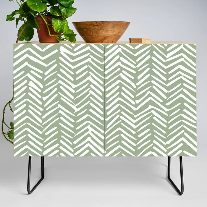 Boho, Abstract, Herringbone Pattern, Sage Green and White Credenza | Society6