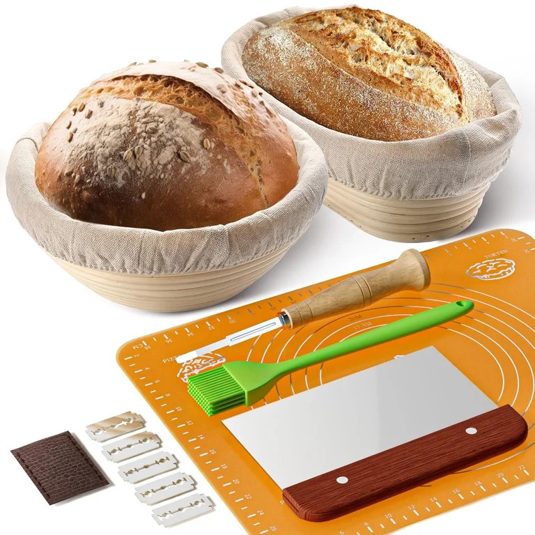 TINANA Bread Proofing Basket Set of 2, 9 Inch Round & 10 Oval Cane Sourdough Baskets with Lame, D... | Walmart (US)