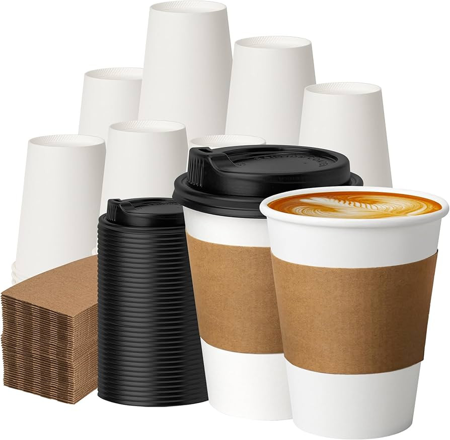 100 Pack 12 oz Disposable Coffee Cups with Lids and Sleeves, Paper Coffee Cups for Hot/Cold Drink... | Amazon (US)