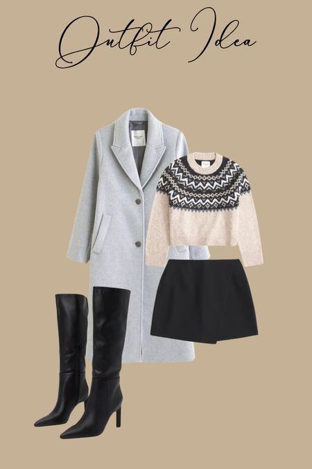 Holiday outfit idea! Skirt! Crewneck sweater/ topcoat- Abercrombie style! Trendy fashion- neutral style- lulus boots 