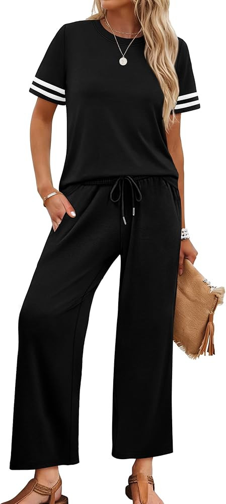 WIHOLL Two Piece Sets for Women Summer Outfits Lounge Sets Short Sleeve Tops Wide Leg Pants Vacat... | Amazon (US)