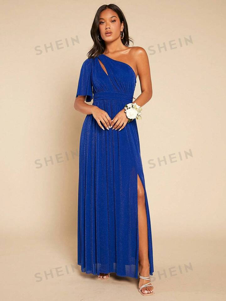 SHEIN Belle 1pc One Shoulder Cut Out Split Thigh Glitter Bridesmaid Dress | SHEIN