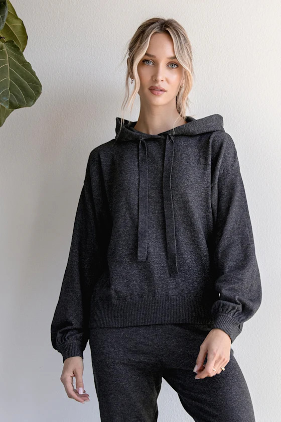 Chill All Day Charcoal Grey Knit Balloon Sleeve Hoodie | Lulus (US)