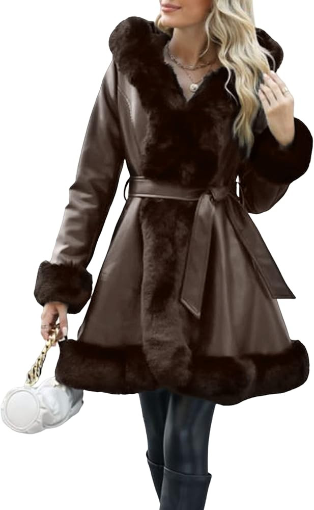 Bellivera Women's Wool Pea Coat Faux Fur Jacket Winter Warm Parka Overcoat with Belt | Amazon (US)