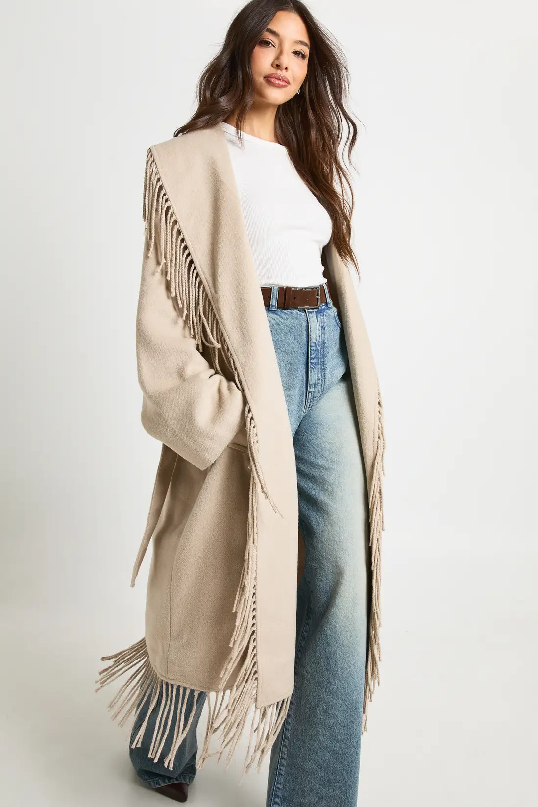 Fringe Detail Wool Look Coat | boohoo (US & Canada)