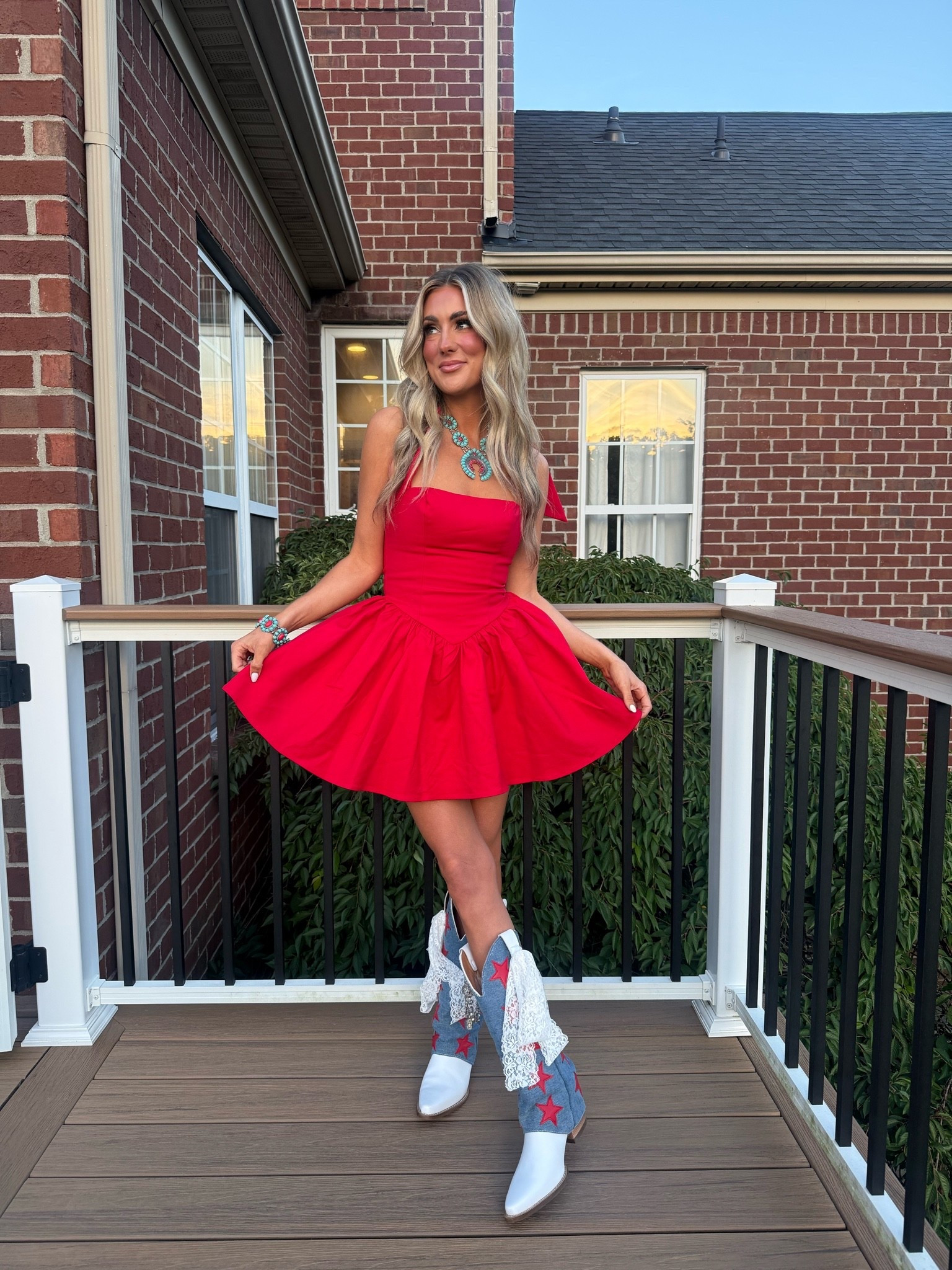 Nashville night 1- boot party with Dingo (not likable), with my red party dress (wearing size XS), and the cutest Amazon turquoise and red jewelry

#LTKootd #LTKTravel #LTKPetite