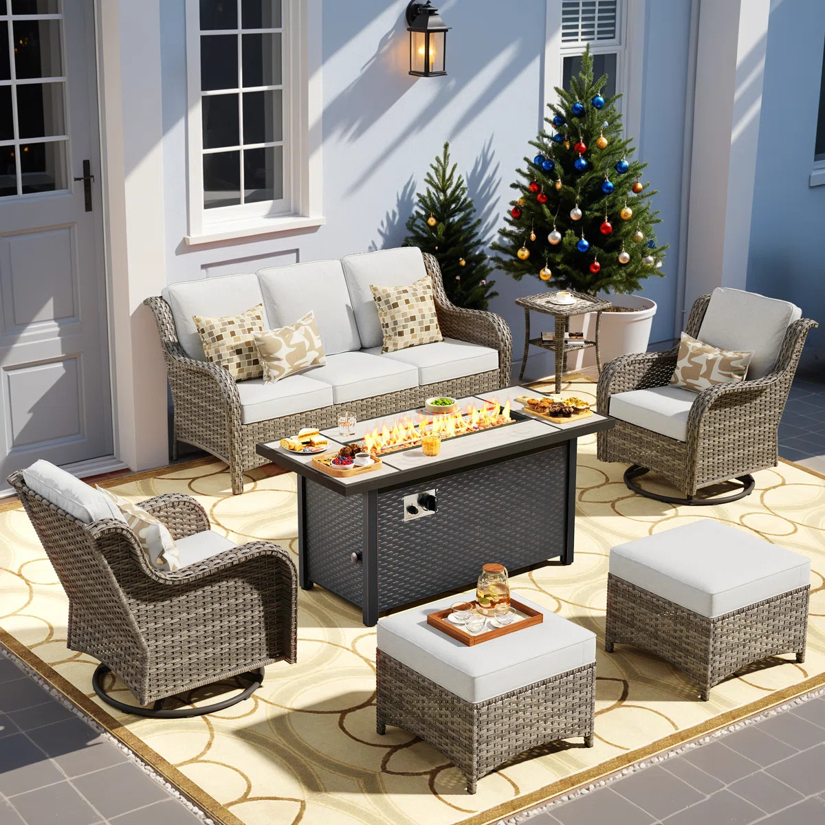 7-Piece Wicker Patio Furniture Set with 54-Inch Fire Pit, All-Weather Outdoor Seating Set, Swivel... | Wayfair North America