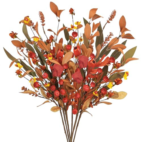 Caplidou 6 Pcs Fall Flowers Stems, Artificial Fall Floral Foliage Stem with Small Pumpkin Faux Fall Leaves Stems for Home Bouquet Arrangements Table Centerpiece Vases Thanksgiving Autumn Decor | Amazon (US)