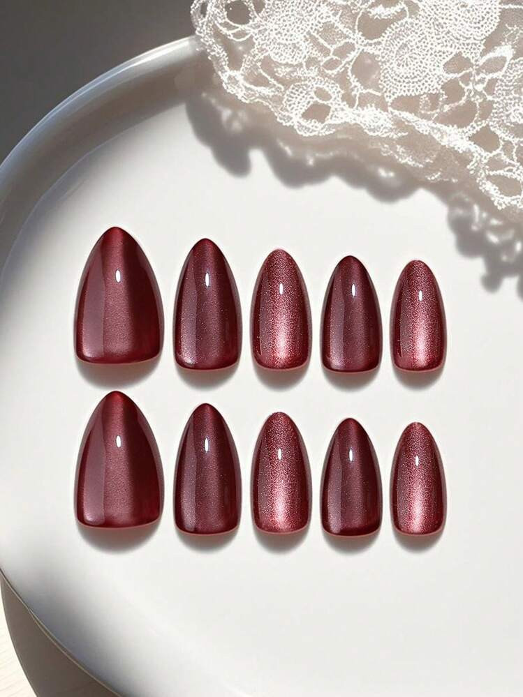 10pcs/set Handmade Short Almond Shaped Soft Gel Nails, Red-brown Satin Cat Eye Design | SHEIN